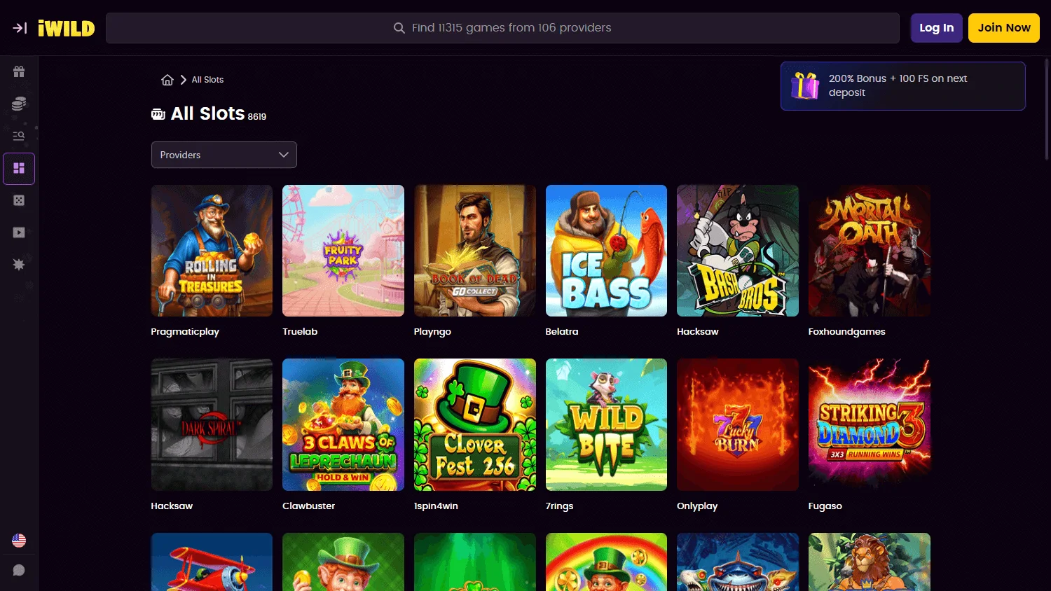 iWild Casino game catalogue on desktop