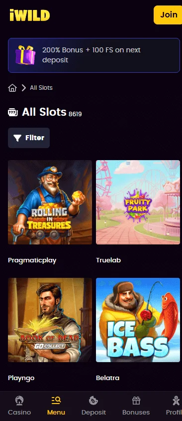 iWild Casino games view on a mobile phone