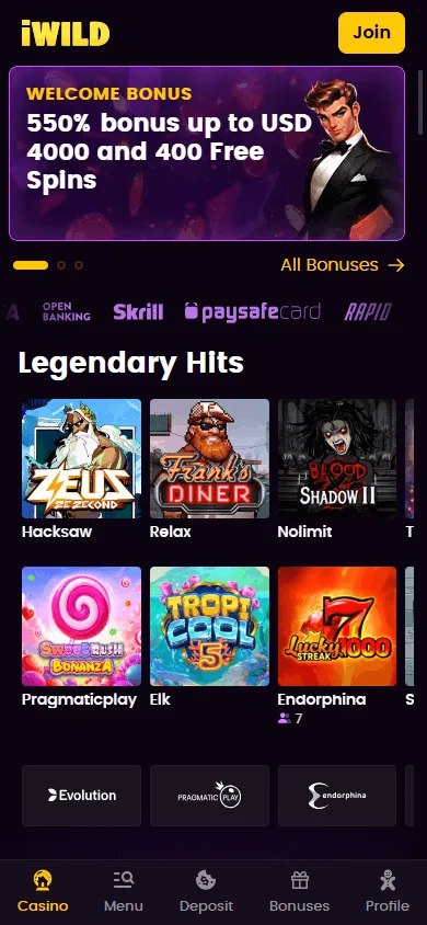 iWild Casino home view on a mobile phone