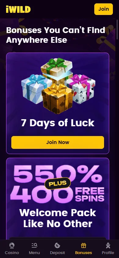iWild Casino promotions view on a mobile phone